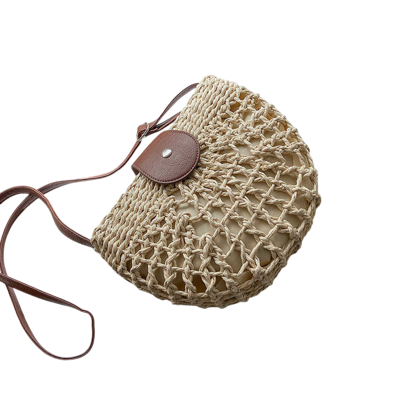 Straw Half-Moon Crossbody Bag – Hollow-Out Woven, Brown | noémi