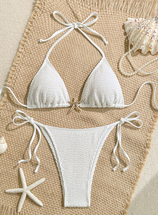 White Ribbed Triangle Bikini Set with Starfish Charm | Tie Side Beachwear | noémi