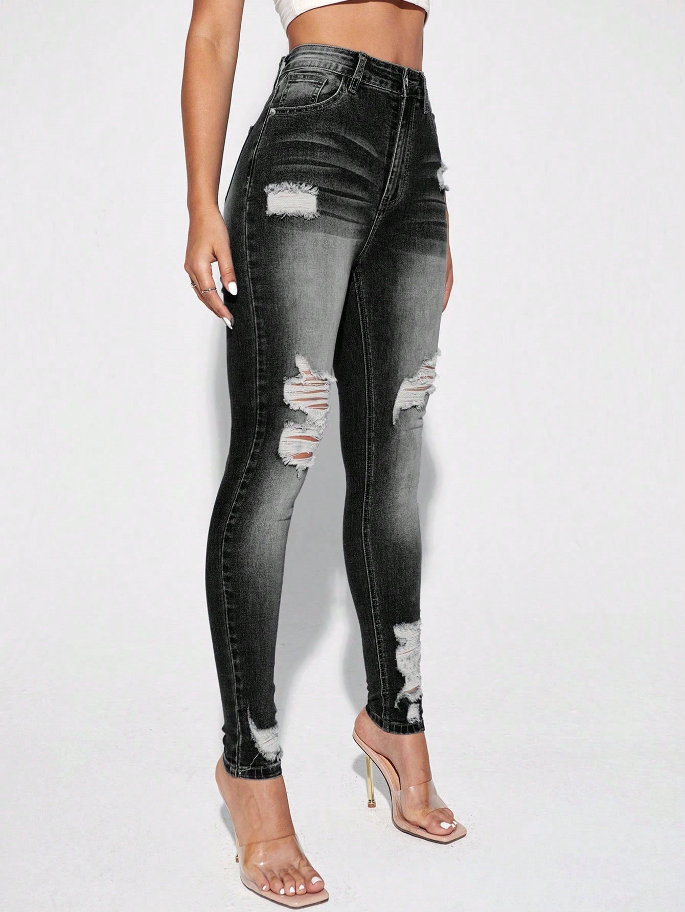 Black Distressed Skinny Jeans | High Waisted Washed Denim with Ripped Knees | noémi