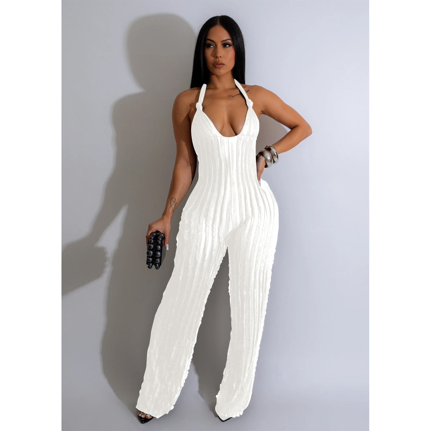 Backless Deep VPlunge Pleated Halter Jumpsuit | noémi