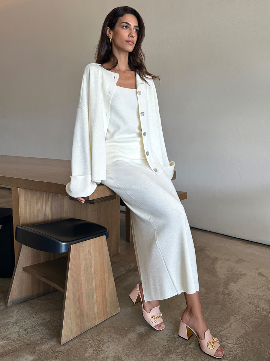 Knitted Long Sleeve Cardigan Camisole Skirt Set | Cozy Three Piece Sweater Set for Women | noémi