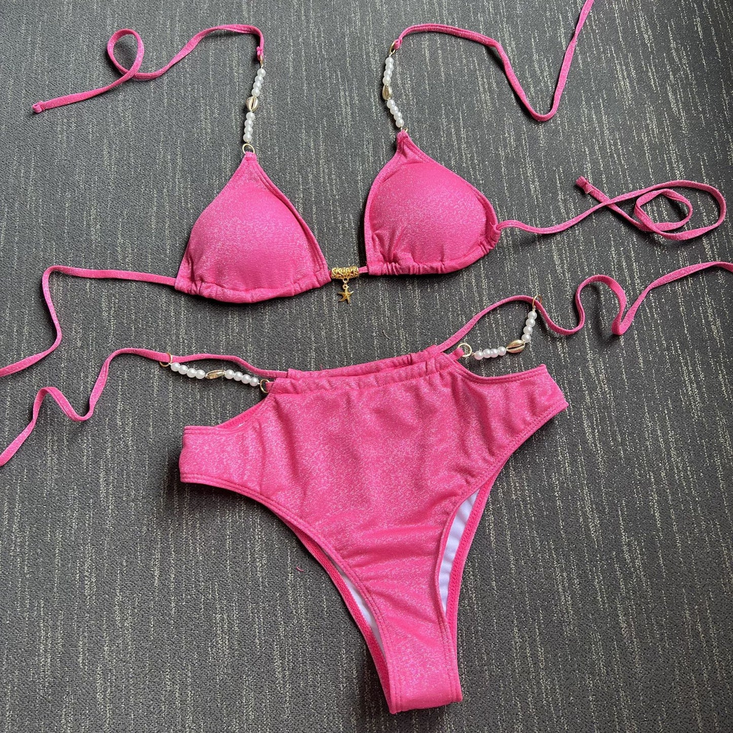 High Waist Pink Bikini with Pearl Chain Detail | Split Cut, Shimmer Finish | noémi