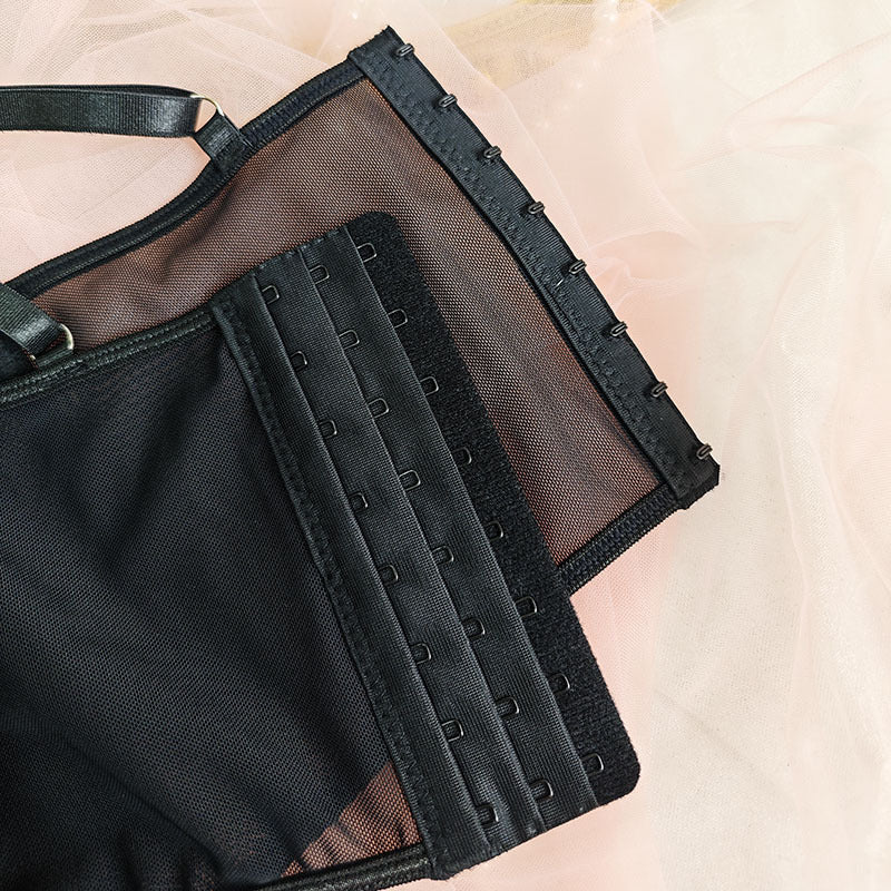 Black Studded Mesh Corset Top | Bustier Crop Top with Rhinestone Detail & Adjustable Straps | noémi