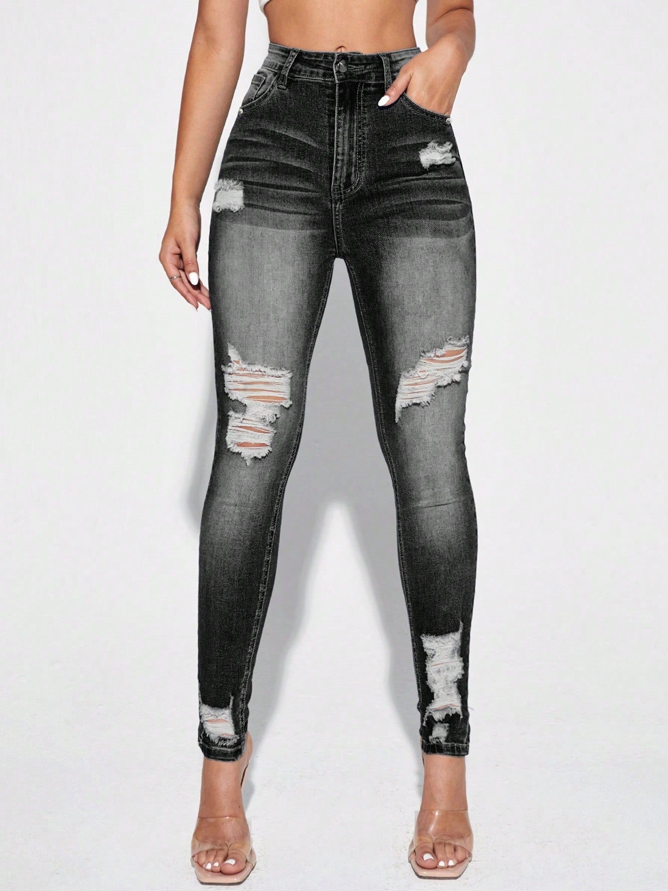 Black Distressed Skinny Jeans | High Waisted Washed Denim with Ripped Knees | noémi