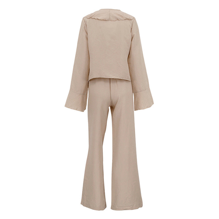 Ruffle V Neck Two Piece Set | Lace Up Blouse & Wide Leg Pants | noémi