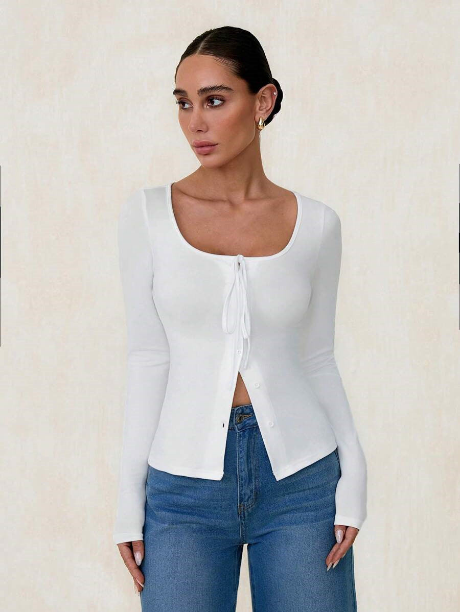 Women's Long Sleeve Cardigan Top with LaceUp Front | Button Detail | noémi