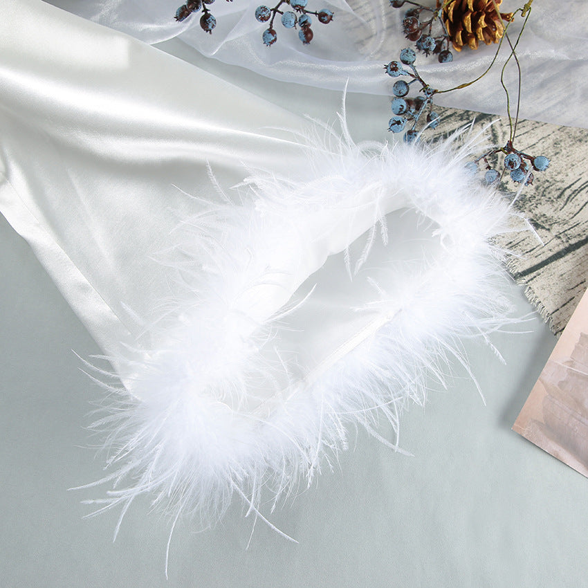 White Satin Feather Trim Robe | Bridal Lounge Robe, Belted Kimono Style | noémi