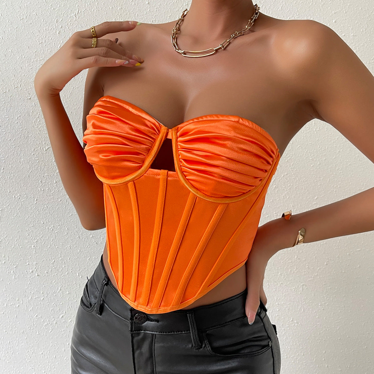 Orange Corset Top | Slim Fit, Hollow Out, Pleated & Boning Vest | noémi