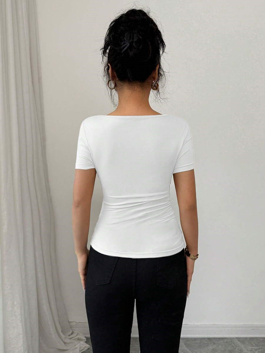 Women’s Asymmetric Pleated Short Sleeve TShirt | Embellished Collar | noémi