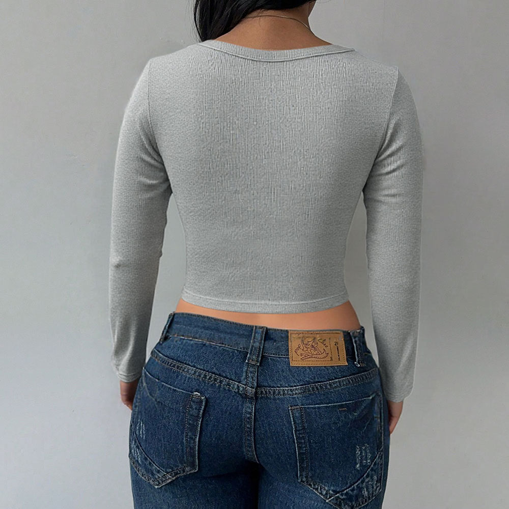 Women’s Ribbed Knit Long Sleeve Crop Top | Diagonal Button Detail | noémi