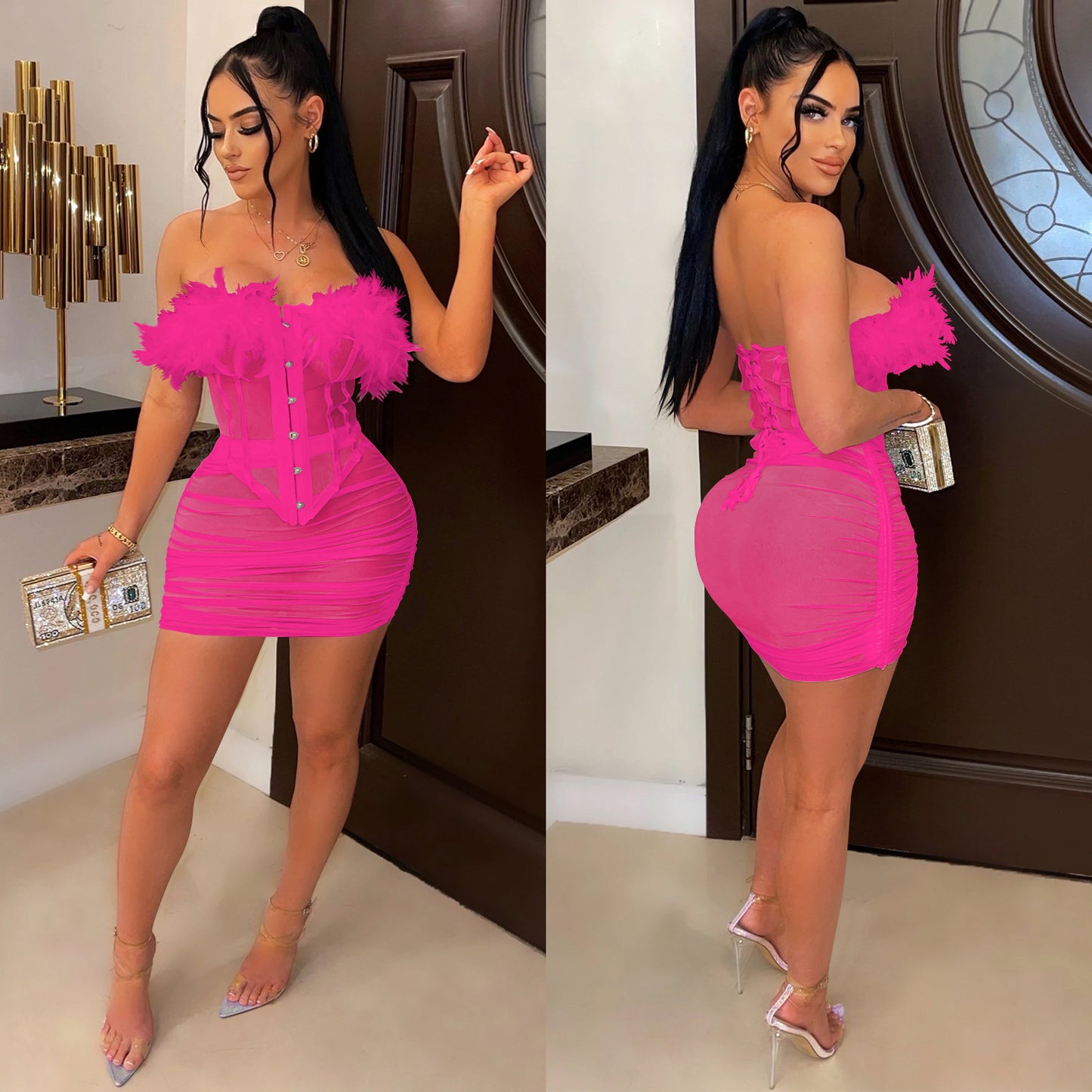 Feather Lace Mesh Vest Pleated Midi Skirt Set | Sheer Two Piece | noémi