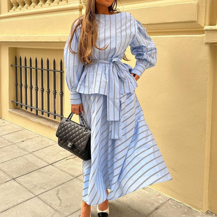 Womens Striped Two Piece Skirt Set | Long Sleeve Round Neck Pullover Top with Tie Waist | noémi