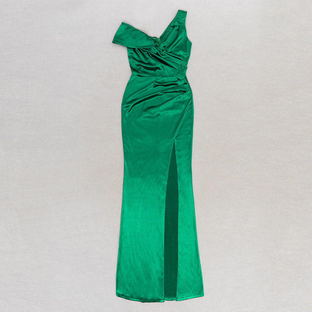 One Shoulder High Slit Long Dress in Solid Tone | noémi