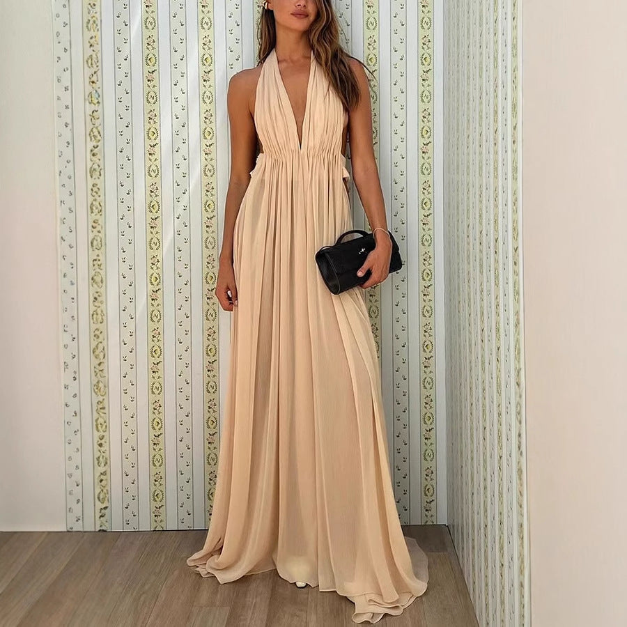 Summer Deep V Neck, Pleated Halter, Backless | Long Formal Gown | noémi