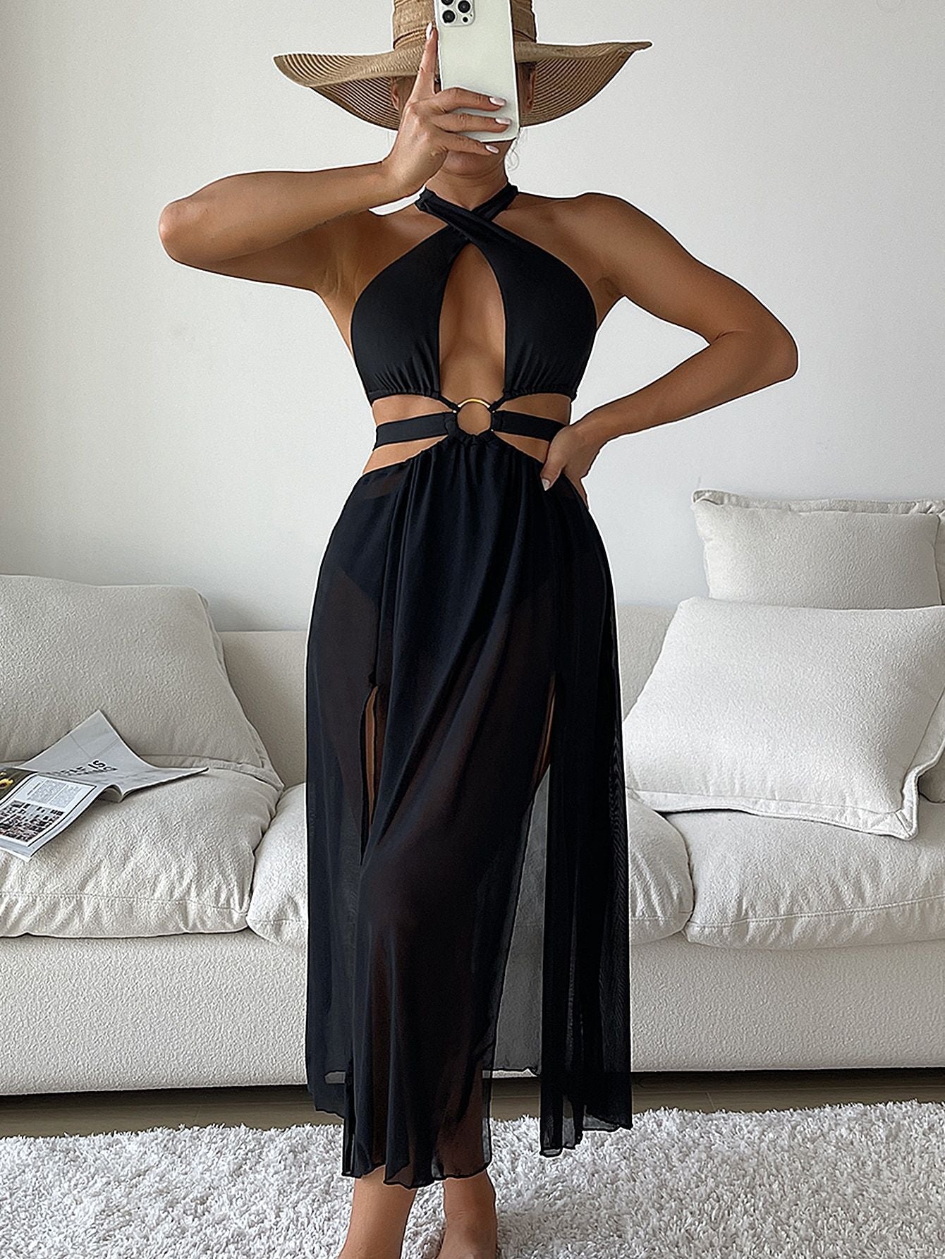 Black Cutout Mesh Maxi Beach Dress | Swimsuit Cover Up with Halter Neck & Side Slits | noémi