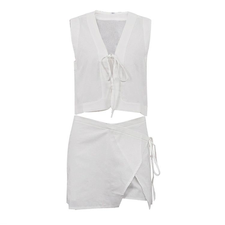 Sleeveless Waistcoat Lacing Cross Top Two Piece Set | Pantskirt | noémi