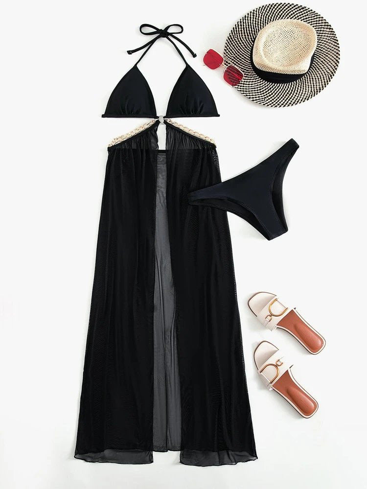 Three Piece Swimsuit Set | Sheer Split Skirt & Gold Chain Detail | noémi