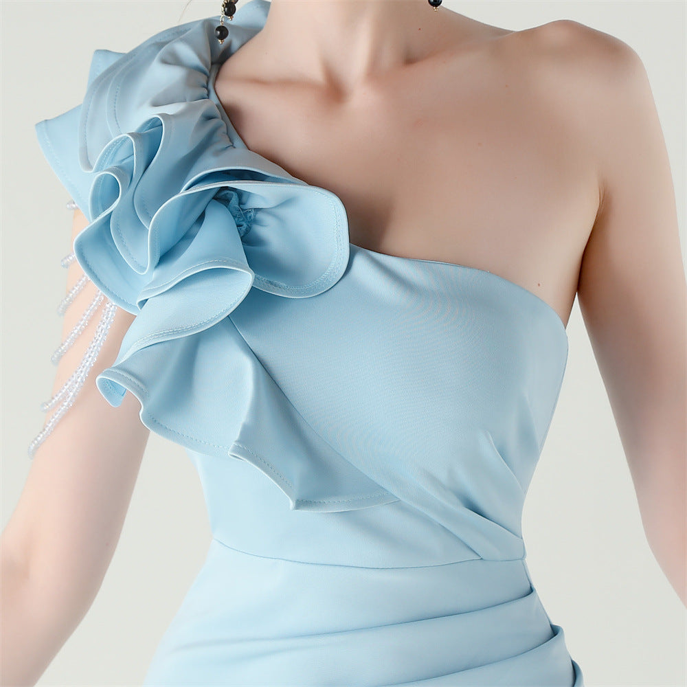 One Shoulder Ruffle Dress with High Slit | Craft Beaded Floral Satin Detail | noémi