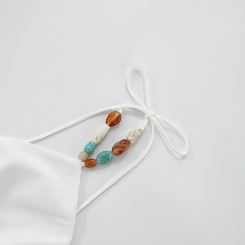 White Halter Tie Back Top with Gemstone Beaded Neck | noémi