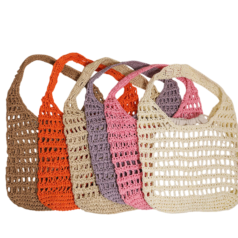 Large-Capacity Pink Straw Shoulder Tote Bag – Hollow-Out Woven Beach Carryall | noémi
