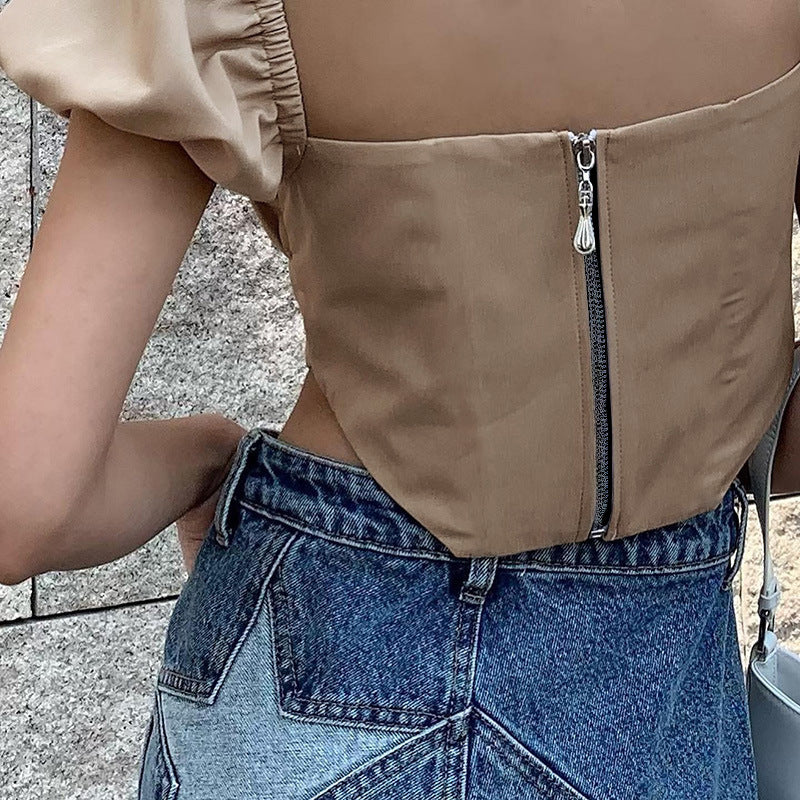 Solid Color Patchwork Backless Pleated Zipper Short Sleeve Top | noémi