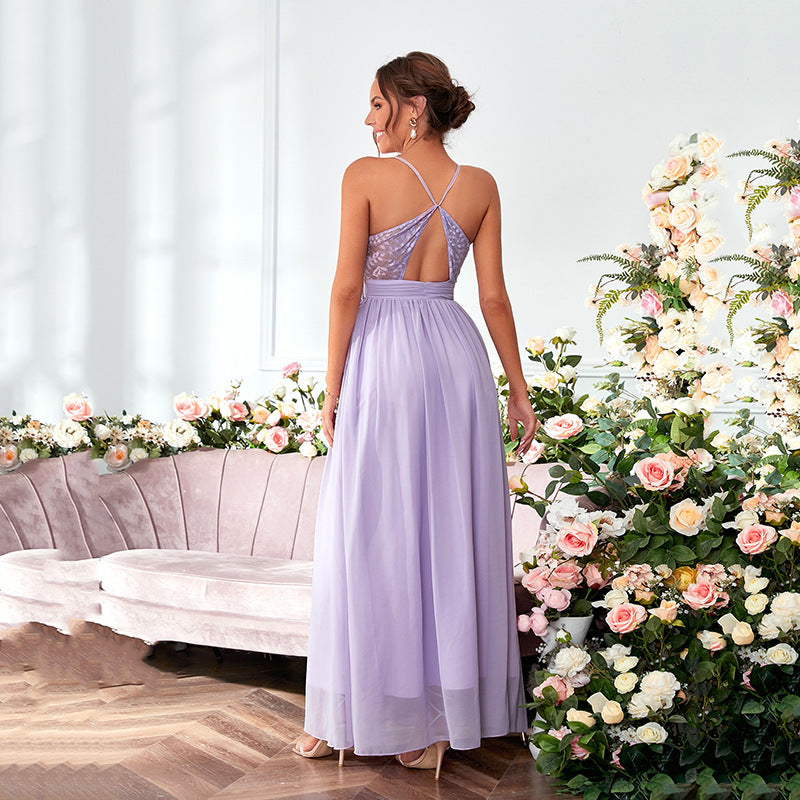 Lavender Spaghetti Strap Gown | Deep VNeck Satin Ball Gown for Women | noémi