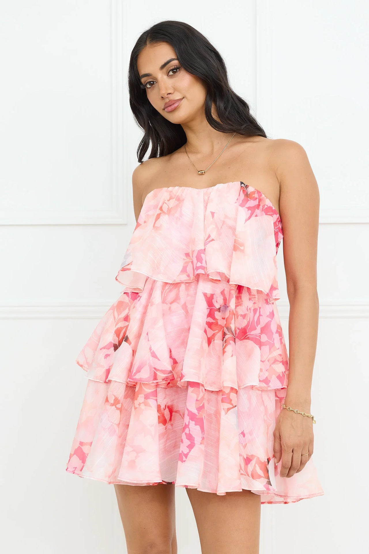 Chiffon Layered Strapless Draped Midi Dress | noémi