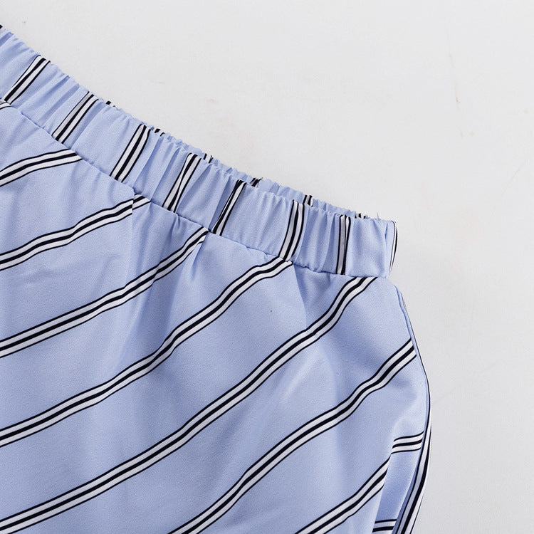 Womens Striped Two Piece Skirt Set | Long Sleeve Round Neck Pullover Top with Tie Waist | noémi