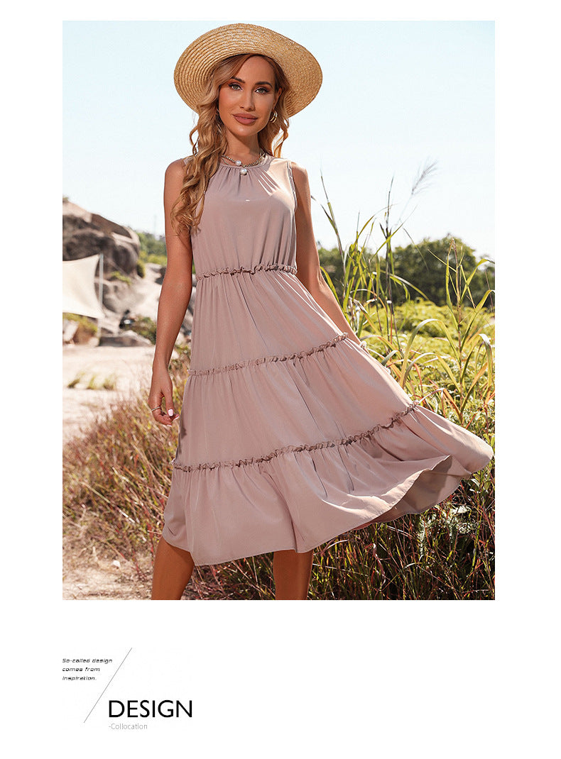 Womens Vest Dress | Solid Color Pleated Design with Wooden Earrings | noémi