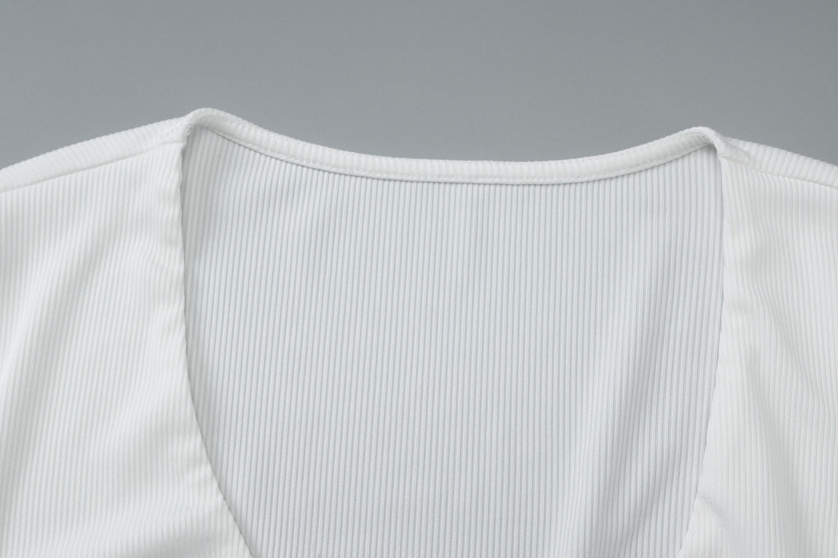 Women White Sunken Stripe VNeck Slim Top | Long Sleeve | noémi