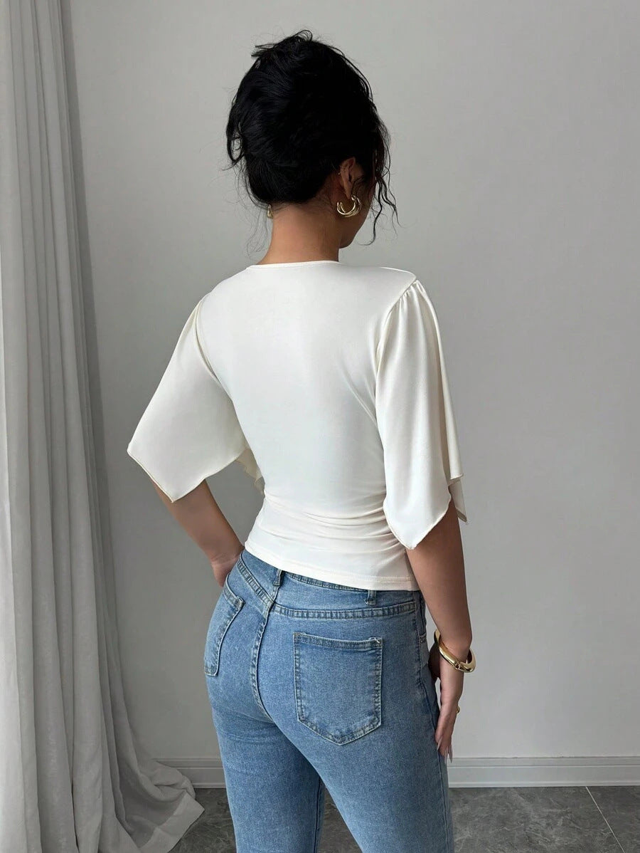 Pleated Pullover Bell Sleeve Solid Color TShirt | Women's Slim Fit VNeck Wrap Top | noémi
