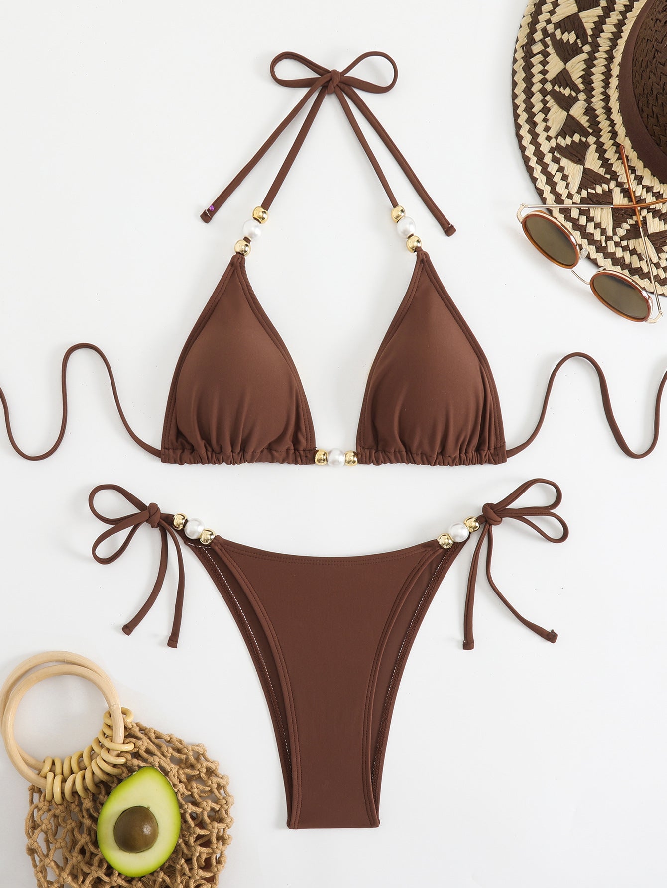 Round Beads Strap Bikini | Brown Triangle Swimsuit, Adjustable Tie, Split Bottom | noémi
