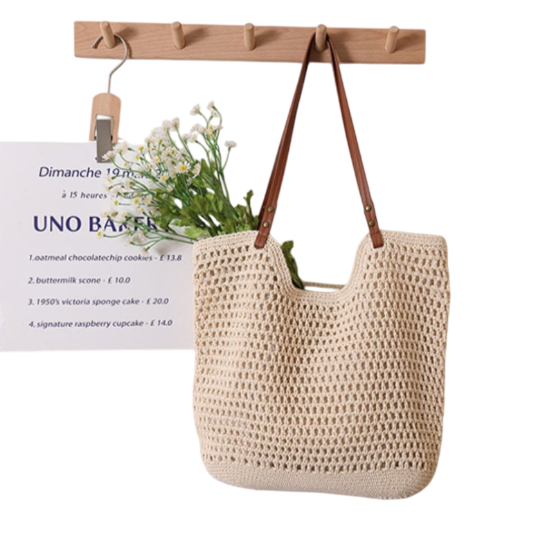 Cotton-Thread Crochet Shoulder Tote – Hollow-Out Large-Capacity Beach Bag, Cream | noémi