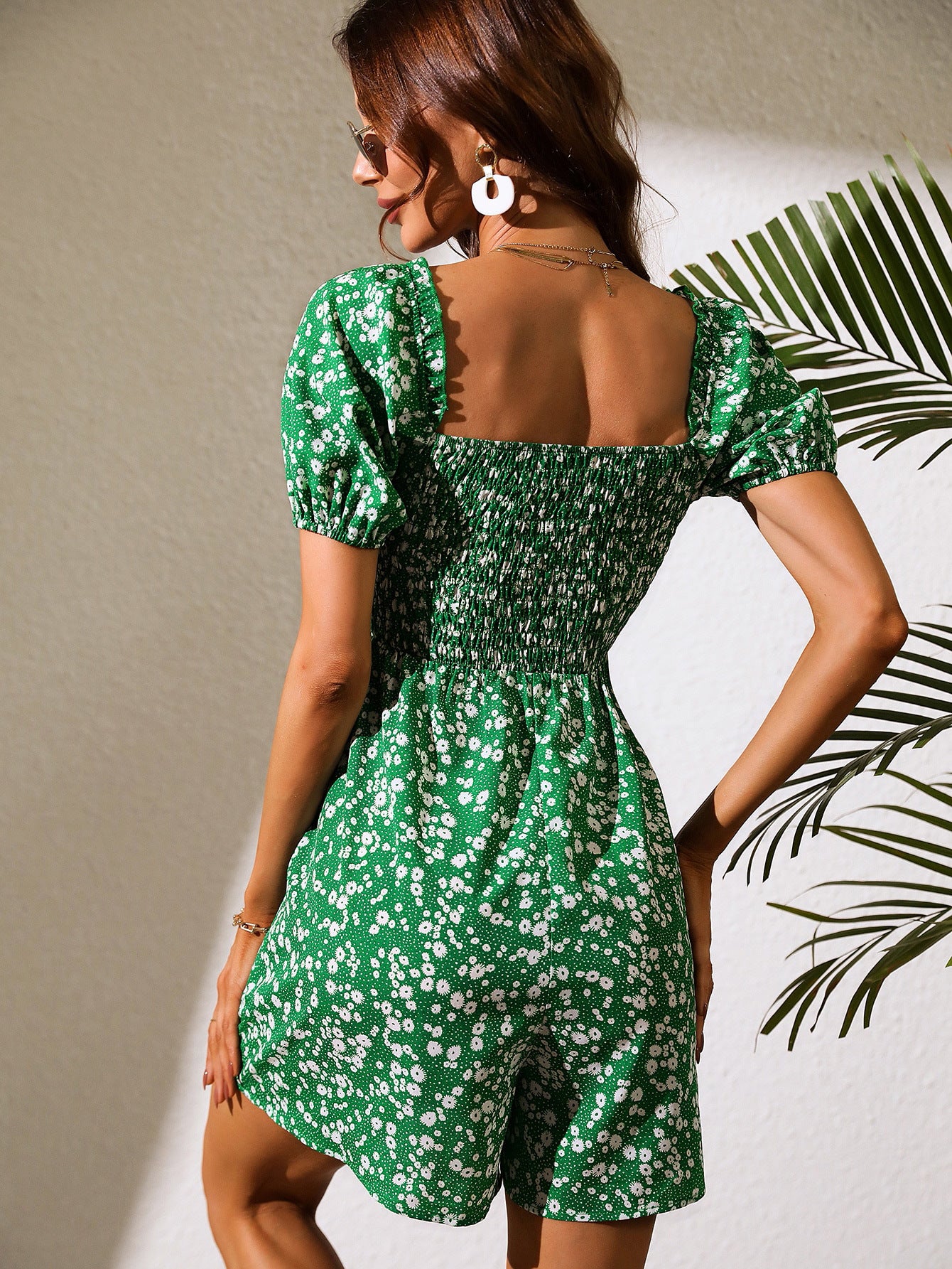 Womens Bubble Sleeve Romper | Square Neck, Backless, Elastic Waist Jumpsuit | noémi