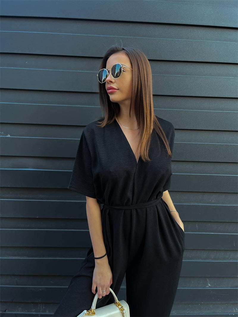 Women's Solid Color One Piece Jumpsuit | Deep V Neck, Tied Waist & Wide Leg Pants | noémi