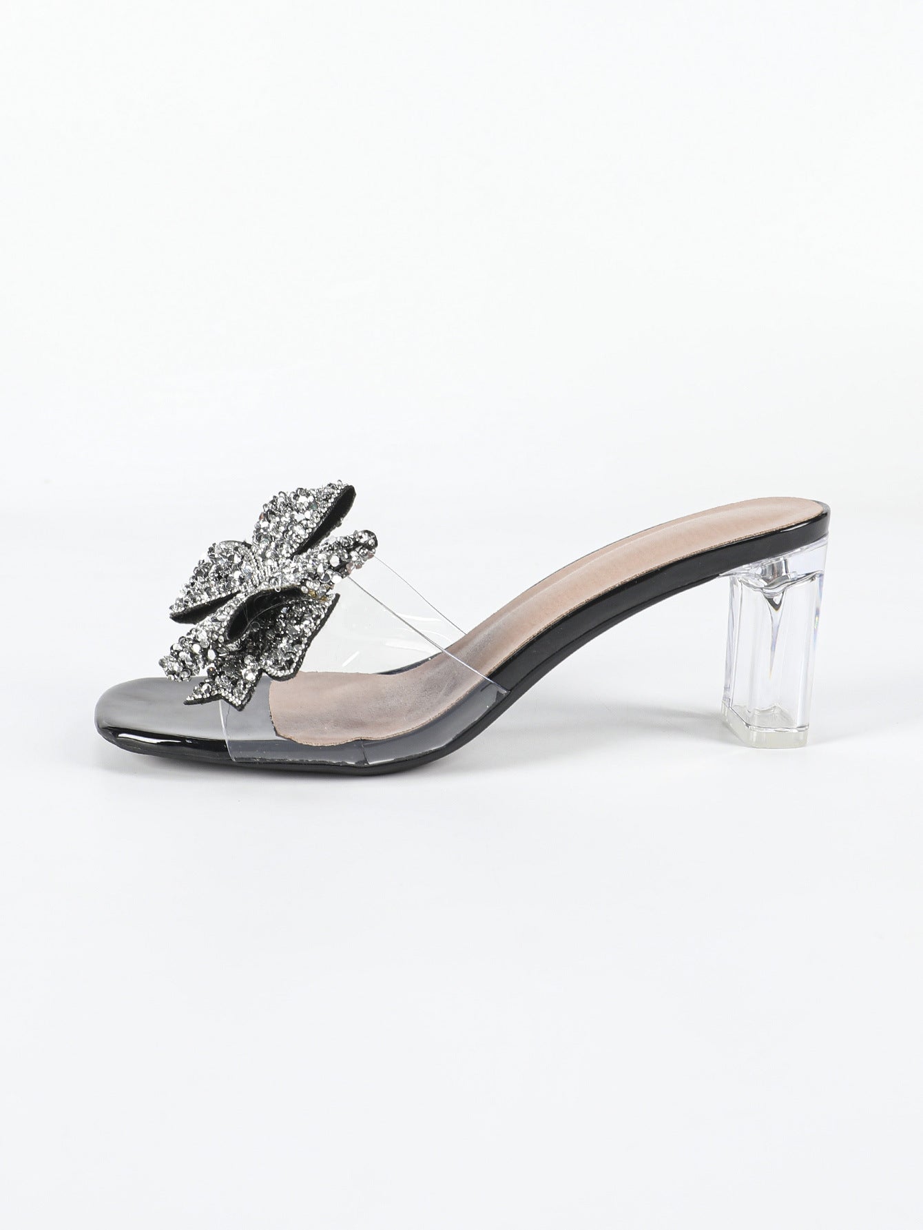 Crystal Bow Heeled Slippers | Clear Summer Slide Sandals with Transparent Heel | noémi