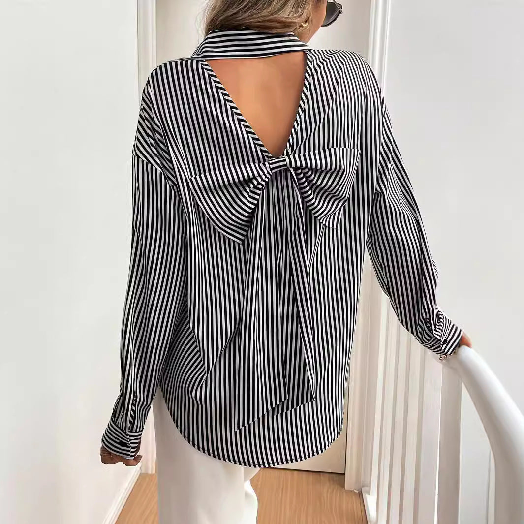 Striped Button Up Shirt with Back Bow Front Detail | Long Sleeve | noémi