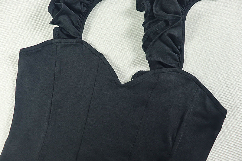 Black One Shoulder Ruffle Halter Gown | High Slit Dress | noémi