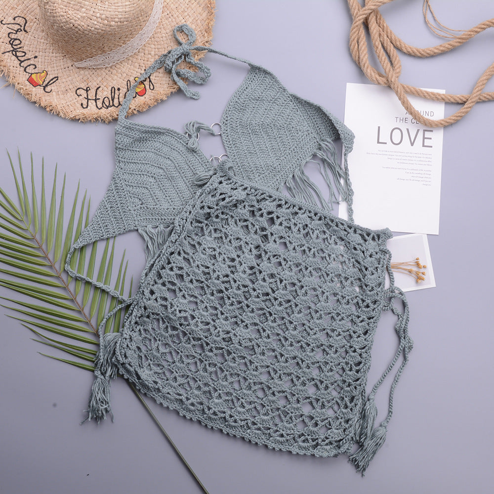 Retro Crochet Split Swimsuit with Halter Tassel Strap and A Line Beach Skirt Set | noémi