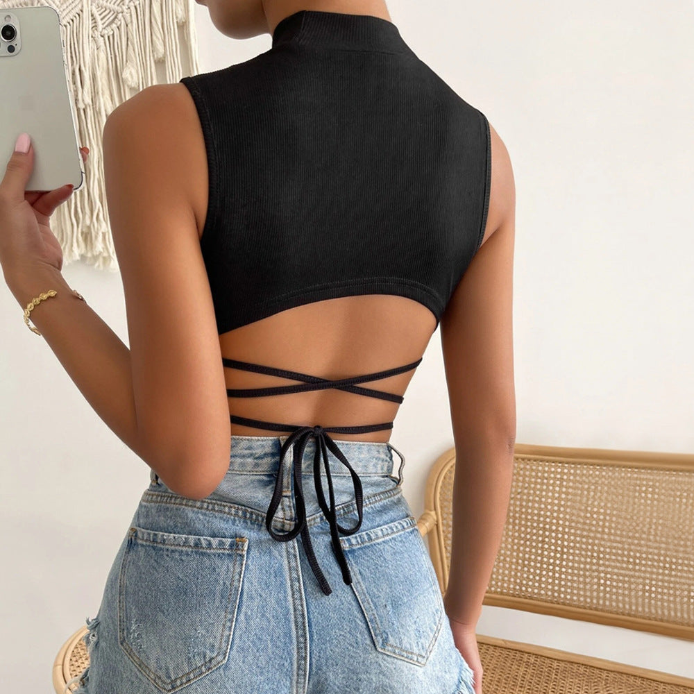 Lace Up Backless Crop Top | Sleeveless High Neck Slim Fit | noémi
