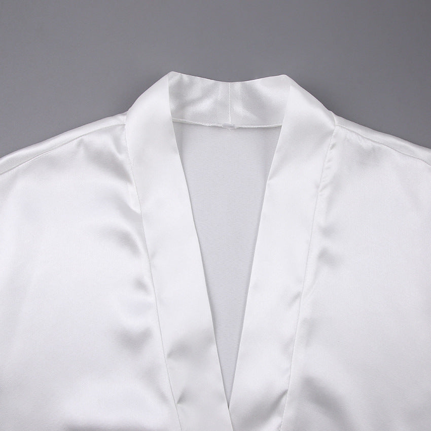 Satin Feather Robe | White Bridal Dressing Gown with Fluffy Cuff Detail | noémi