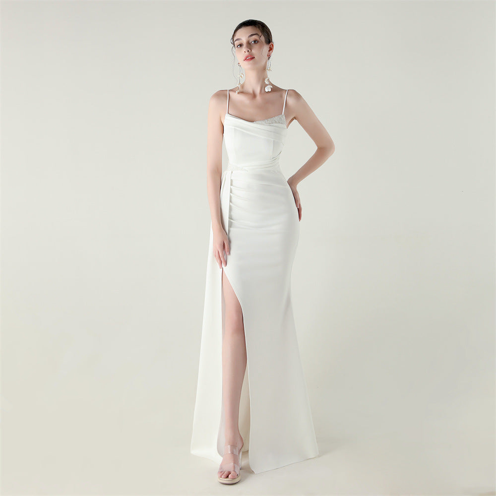 Satin Fishtail Dress | Beaded Bandeau with Slit | noémi