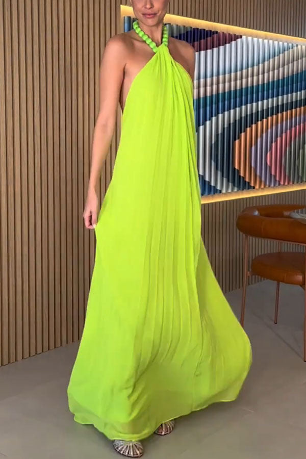 Womens Halter Maxi Dress | Lime Green Chiffon, Pleated, Backless, Flowy Fit | noémi