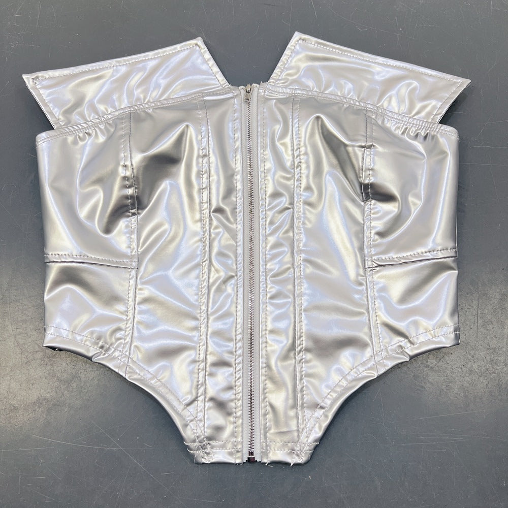 Metallic Faux Leather Corset Top | Silver ZipUp Boned Tube Top with Off Shoulder Detail | noémi