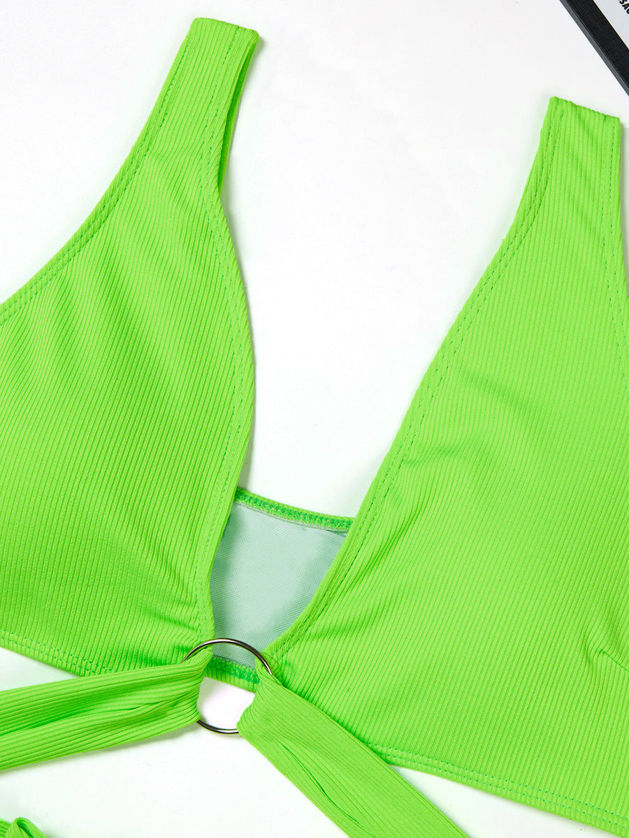 Ring Detail Three Point Bikini Set with Sunken Stripe Texture for Women | noémi