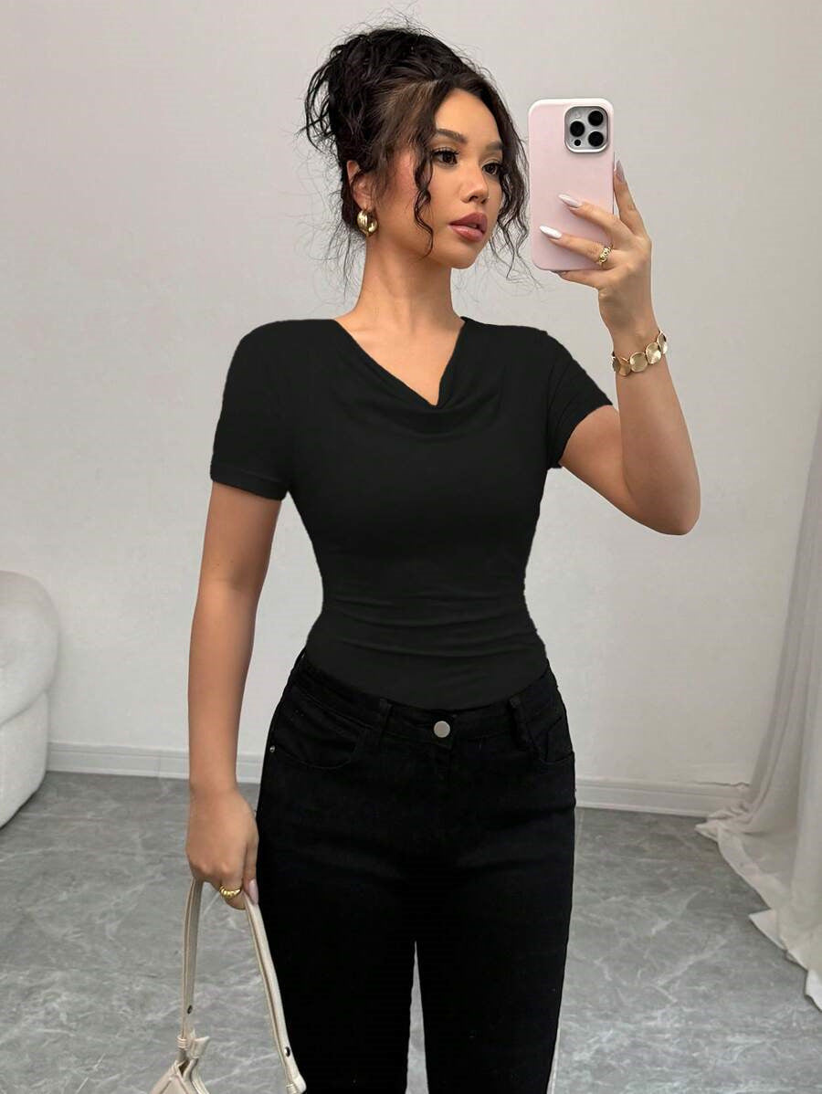 Women’s Asymmetric Pleated Short Sleeve TShirt | Embellished Collar | noémi