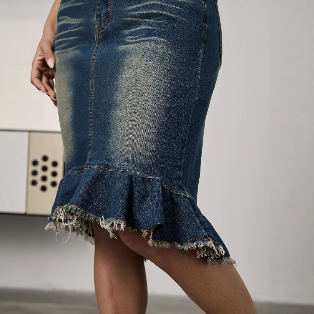 High Waist Fishtail Denim Skirt | Slimming Retro Sheath, Stretch Fit | noémi