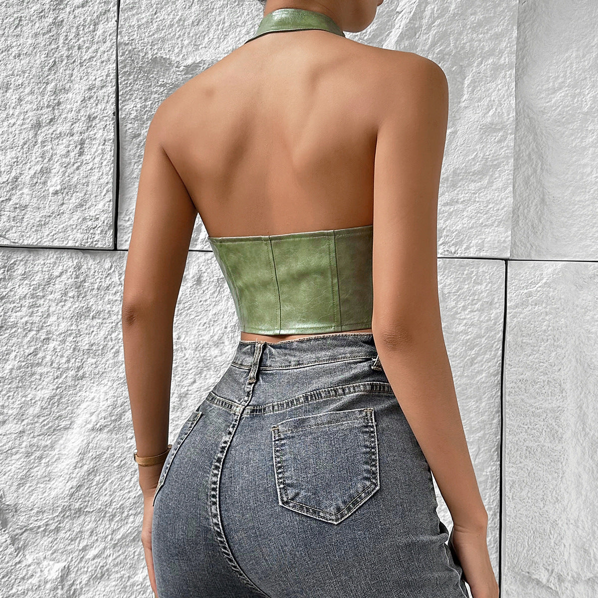 Metallic Green Halter Tie Front Crop Top | Sleek & Stylish | noémi