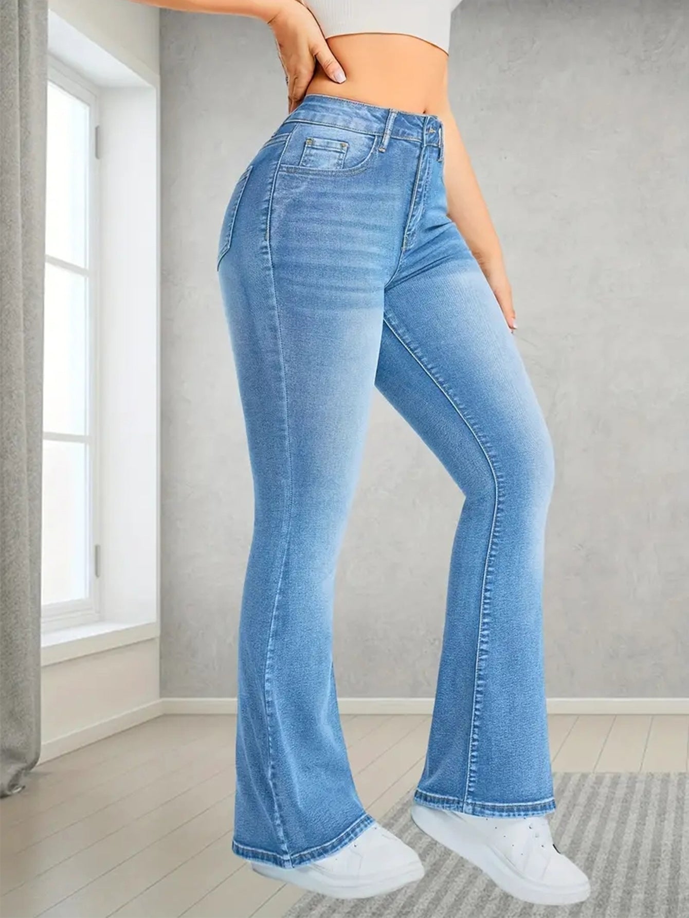 Women's Light Blue Stretch Flared Jeans | Slim Fit, Multi Pocket Design | noémi