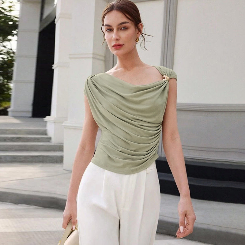 Diagonal Drape Sleeveless Top | Slim Fit & Ruched Design | noémi